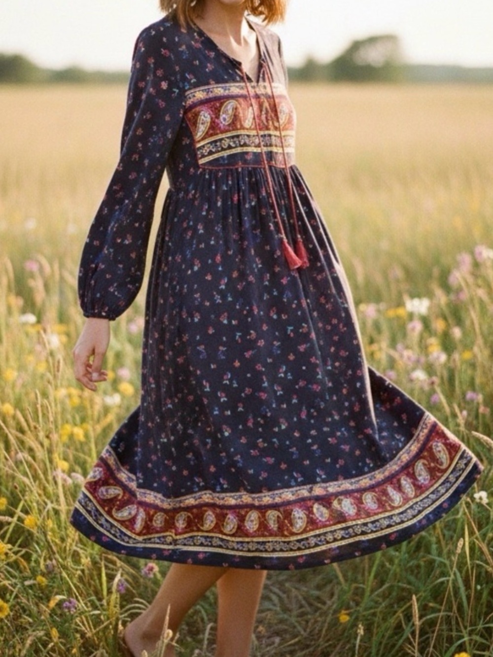 NWOT Expressions Boho Prairie Navy Midi Dress with Red Tassel Tie Medium